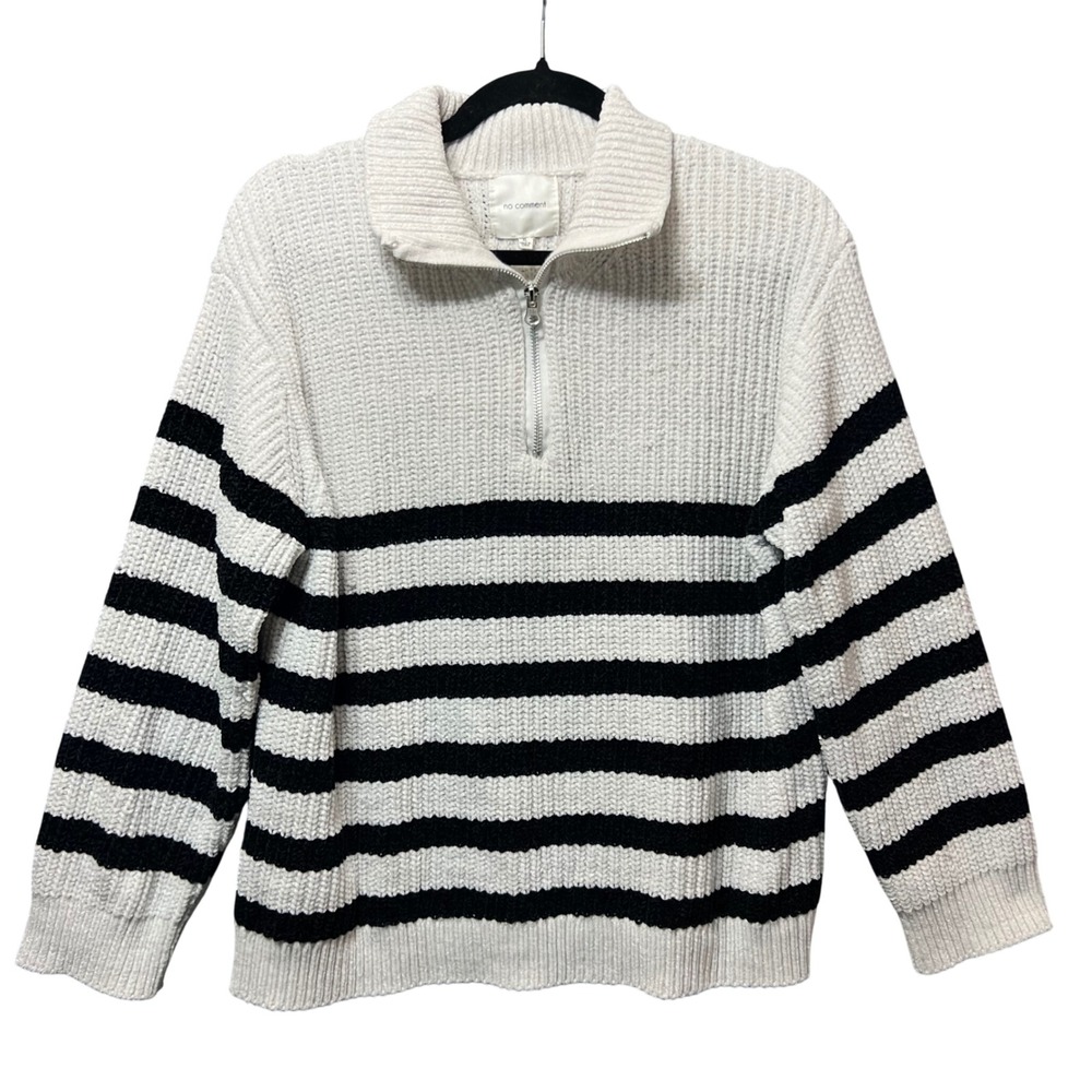 No Comment Womens Pullover Knit Sweater‎ XL Black White Striped Quarter Zip